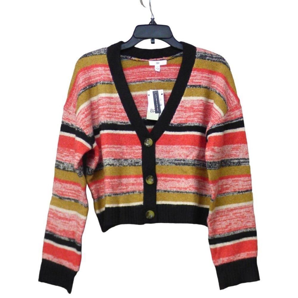 BP Nordstrom Junior’s Marled Striped Cropped Cardigan, Black/Marled